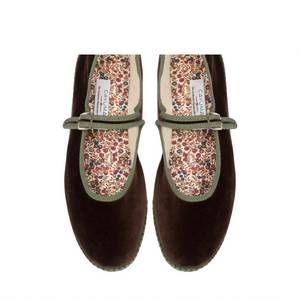Brown Velvet Flats with Green Trim